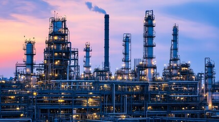 Fototapeta premium A large industrial plant with many tall smokestacks. The sky is a beautiful orange and pink color
