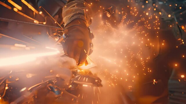 A welder joins metal pieces, creating a shower of sparks, Sparks flying as welders join pieces of metal together