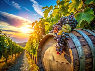 Amidst thriving grapevines, a charming wine barrel sits, creating an enchanting scene in a beautiful vineyard, where nature and winemaking intertwine harmoniously.