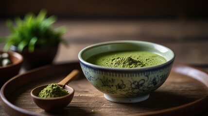 Bowl of green matcha powder with a wooden spoon on a rustic wooden table.