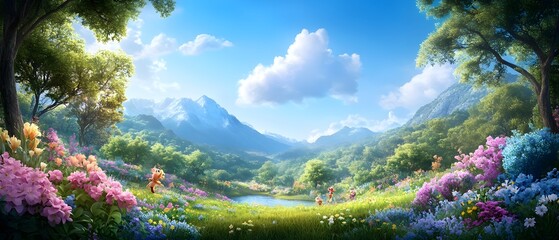 Naklejka premium Vibrant Cartoon Forest Landscape with Playful Anthropomorphic Animal Characters
