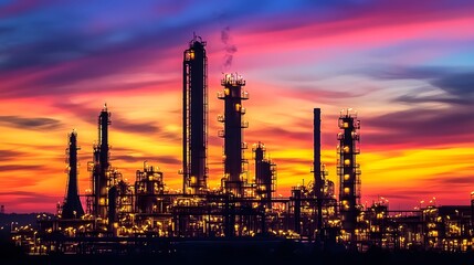 Obraz premium A city skyline at night with many tall buildings and a large industrial area. The lights from the buildings and factories create a bright and bustling atmosphere