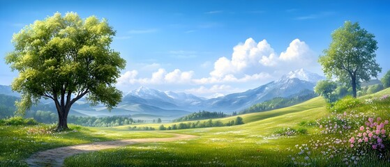 Pastel Hued Meadow with Soft Rolling Hills and Delicate Wildflowers in Tranquil Countryside Atmosphere