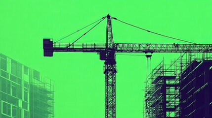 Fototapeta premium Construction is underway on a linear architectural project featuring a crane. The backdrop is a vibrant green, contrasting with the industrial elements. 