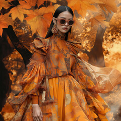 Fototapeta premium Fashion design A model wearing an orange floral dress with ruffled sleeves and sunglasses, standing in front of autumn leaves. The background is an abstract forest scene with falling golden leaves