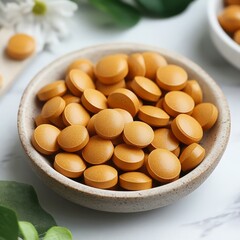 A close-up of a bowl filled with golden supplement pills, showcasing their vibrant color and smooth texture. The image evokes a sense of health, wellness, and vitality. 