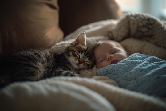 A cozy cat naps beside a peaceful baby. The scene radiates warmth and love. Perfect for family moments and pets. Capture tender feelings. Generative AI