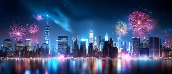 Fototapeta premium Twinkling Skyscrapers and Vibrant Fireworks Lighting Up the Lively New Year s Eve Cityscape