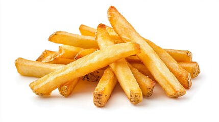 Crisp and golden French fries, isolated on a pure white background, tantalize the taste buds with their irresistible crunch and savory flavor. 