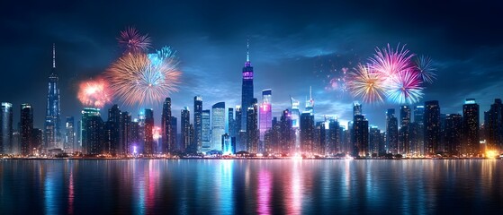 Obraz premium Vibrant Fireworks Display Lighting Up Bustling City Skyline During New Year
