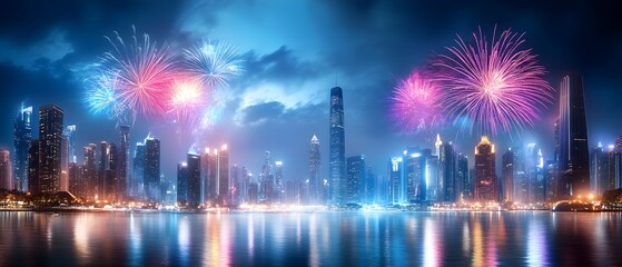 Vibrant Fireworks Burst Over Bustling Big City Skyline at New Year 2025