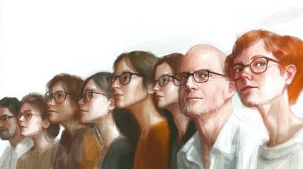Fototapeta premium A stylized illustration of a diverse group of individuals, all wearing glasses, looking intently forward in unison, creating a sense of unity and focus.