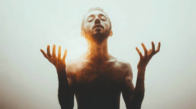 A shirtless man with closed eyes stands in a meditative pose, glowing light surrounding his hands, creating a mystical and spiritual atmosphere.