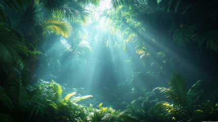 Fototapeta premium Wallpaper Showcasing A Panoramic View Of A Jungle Canopy, With Beams Of Sunlight Filtering Through The Leaves, Creating A Mystical Atmosphere Background