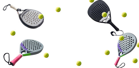 professional paddle tennis racket and balls on White background. Horizontal sport theme poster,...