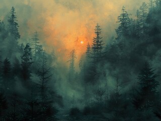 Naklejka premium Enchanted Forest Sunset: A Mystical Landscape