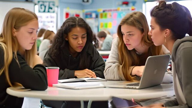 Four students work together on a group project in a classroom setting, using a laptop and notebooks, Students collaborating on a group project with focus and determination