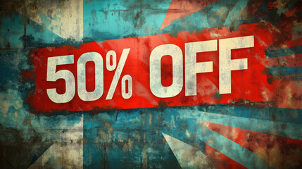 Wallpaper With A Large, Stylish "50% Off" Banner In The Center, Set Against A Sleek Gray Background With Small Geometric Patterns For Added Interest