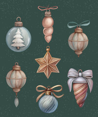 Delicate Watercolor Christmas Ornaments Set: Hand-Painted Holiday Decorations in Soft, Pastel Tones. Perfect for Festive Designs, Cards, and Winter-Themed Projects – High-Quality Clip Art Elements
