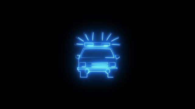 Car animation  by blue  neon icon on black background. Glowing neon Ambulance and emergency car line icon on the Alpha Channel 4k animation.