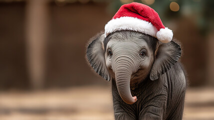 Baby elephant wearing festive Santa hat stands joyfully in warm setting, capturing spirit of holiday season.