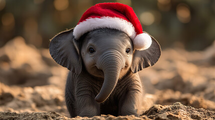 Baby elephant wearing Santa hat sits joyfully on sandy ground, capturing festive and playful moment.