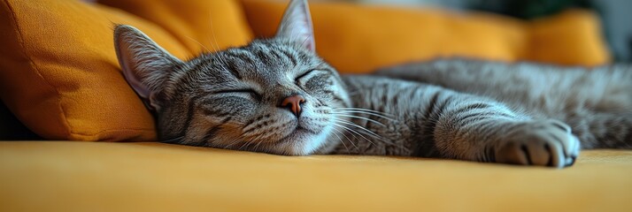 A short-haired gray cat relaxes in a pastel-colored room.