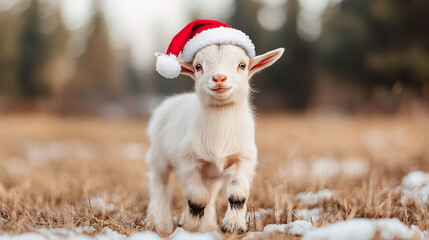 Cute goat wearing Santa hat stands in field