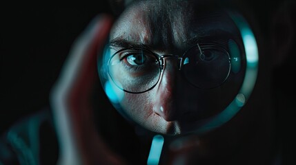 Close up of a hacker magnified in glass lens against a black background, showcasing hacking mystery