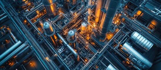 A complex network of pipes and structures in an industrial plant.