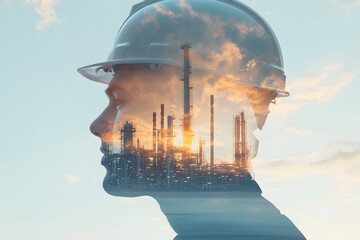 Double exposition. Future building construction engineering project. Oil and gas plant. Building engineer, architect people or construction worker working with modern civil equipment