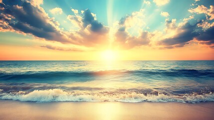 Fototapeta premium Tranquil Sunset Over the Ocean: A Serene Beach Scene for Relaxation and Travel Subtle Blur Background with Space for Custom Text