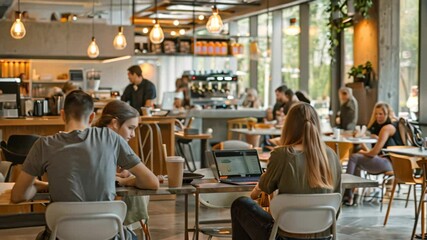 Students gathered in a bright, modern campus cafe, working on laptops and enjoying conversations, Students interacting in a campus cafe