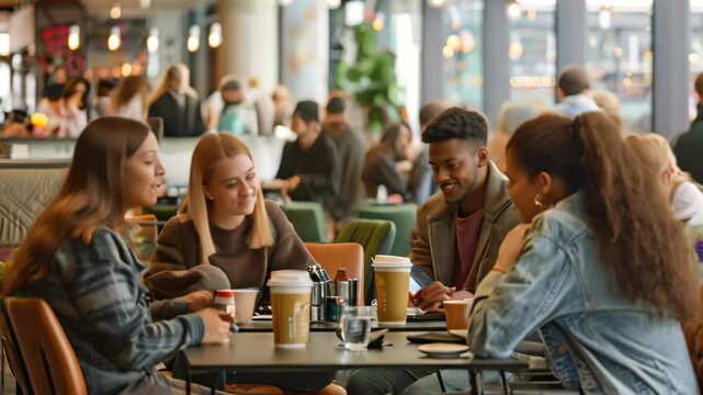 Four students chat and enjoy beverages at a cafe table on campus, Students interacting in a campus cafe