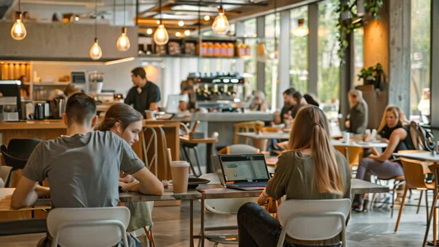 Students gathered in a bright, modern campus cafe, working on laptops and enjoying conversations, Students interacting in a campus cafe