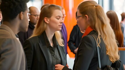 Students at a career fair chat and network in a modern office building, Students networking at a career fair