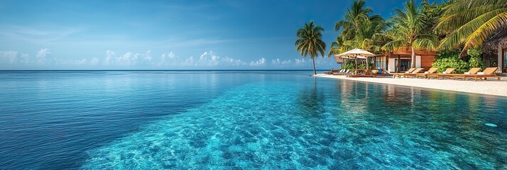 Obraz premium An island resort in Maldives features a pool and beach scene with palm trees under clear skies.