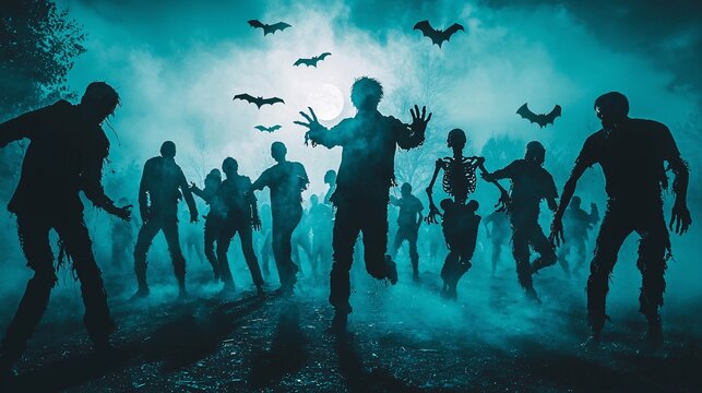 Chilling night of the undead a haunting gathering of zombies and bats under the full moon's eerie glow