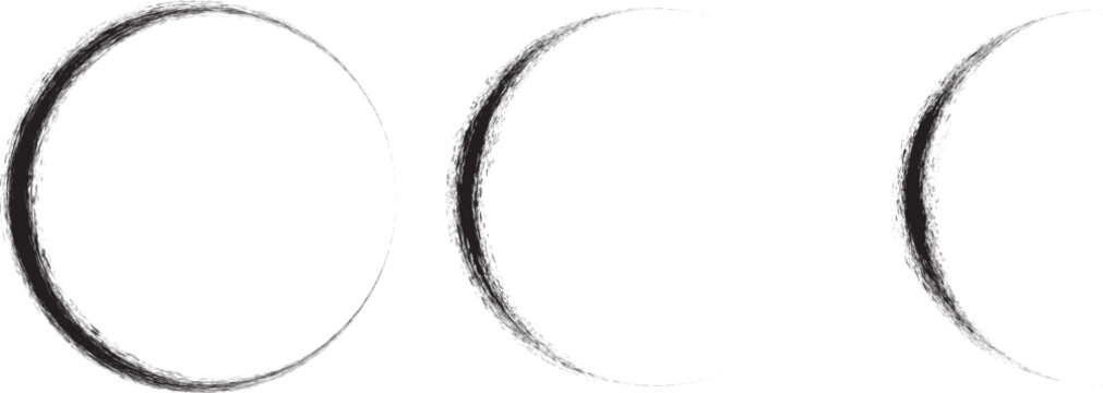Half Circle Brush Stroke  . Crescent moon . Letter c in grunge style for your Design . Moon logo . Grunge textured  . Moon phase . Semi circles and full circle with rough edges . Vector illustration