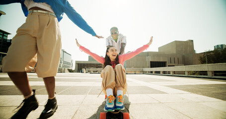 Friends, skateboard and outdoor for style, fashion and gen z trendy people with cool, style and...