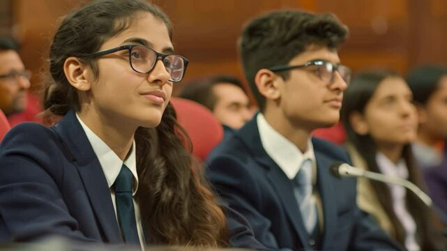 Two students dressed in formal attire participate in a debate competition at a school in India, Students participating in a debate competition