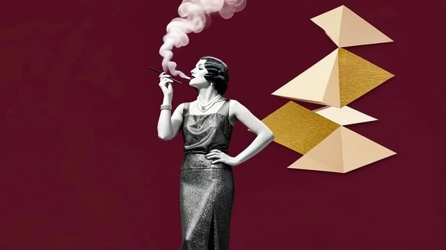 Elegant vintage woman with geometric shapes on burgundy background