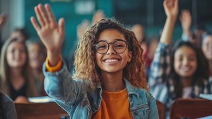 Fototapeta premium Close-up Hands Raised in Class, eager students raising their hands, bright and cheerful expressions