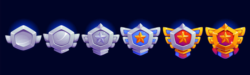 Military game level badge, rank rate medal progression for video game UI or app development projects. Cartoon vector metal silver and golden winged shields convey advancement, success and achievement © Vector Tradition