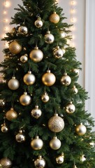 Festive tree adorned with gold ornaments and lights background for invitation or card screensaver