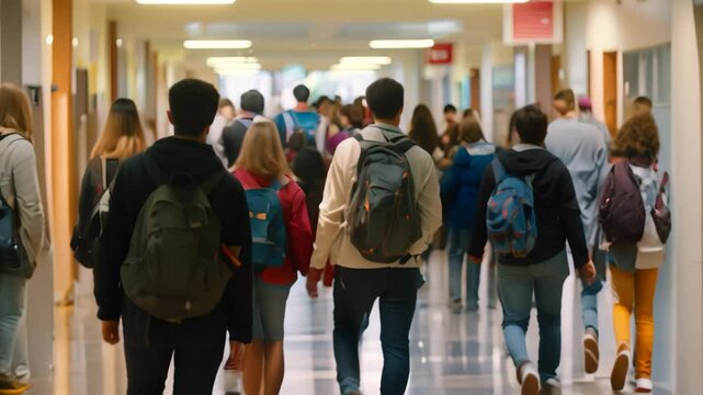 A busy hallway with many students walking in both directions, carrying backpacks and heading to their classes, Students walking through crowded hallways between classes