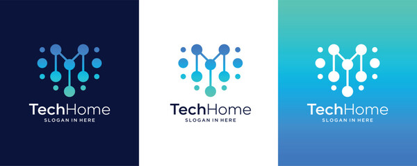 Technology  with initial Letter  M connection dot  line art style Vector logo design template