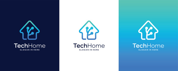 Home Tech with connection dot  line art style Vector logo design template