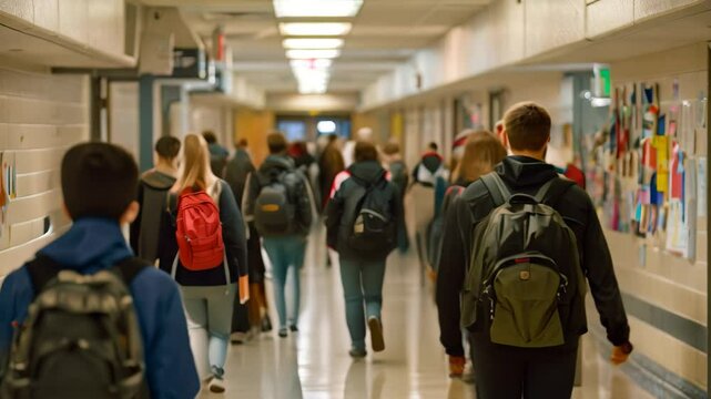 A large group of high school students walk through a busy hallway, heading to their classes, Students walking through crowded hallways between classes