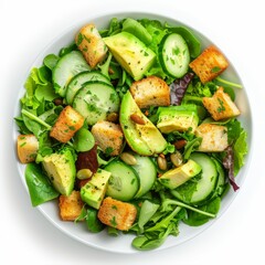 Salad with Avocado, Croutons, Cucumber, Grapefruit and Almonds Closeup, Green Salat, Healthy